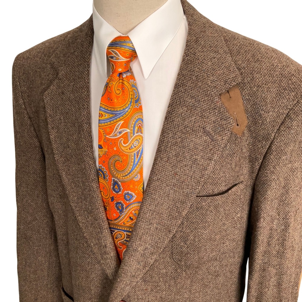 Hunt Club Blazer Mens 44L Brown Tweed Throat Latch Suede Patches Lambswool USA